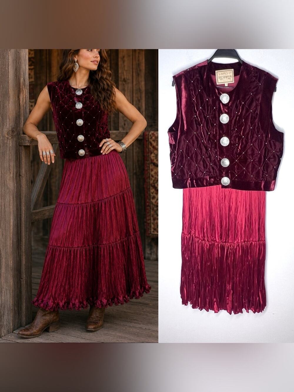 Double D Ranch SET Western Velvet Quilted Vest Crinkle Satin Maxi Skirt Burgundy